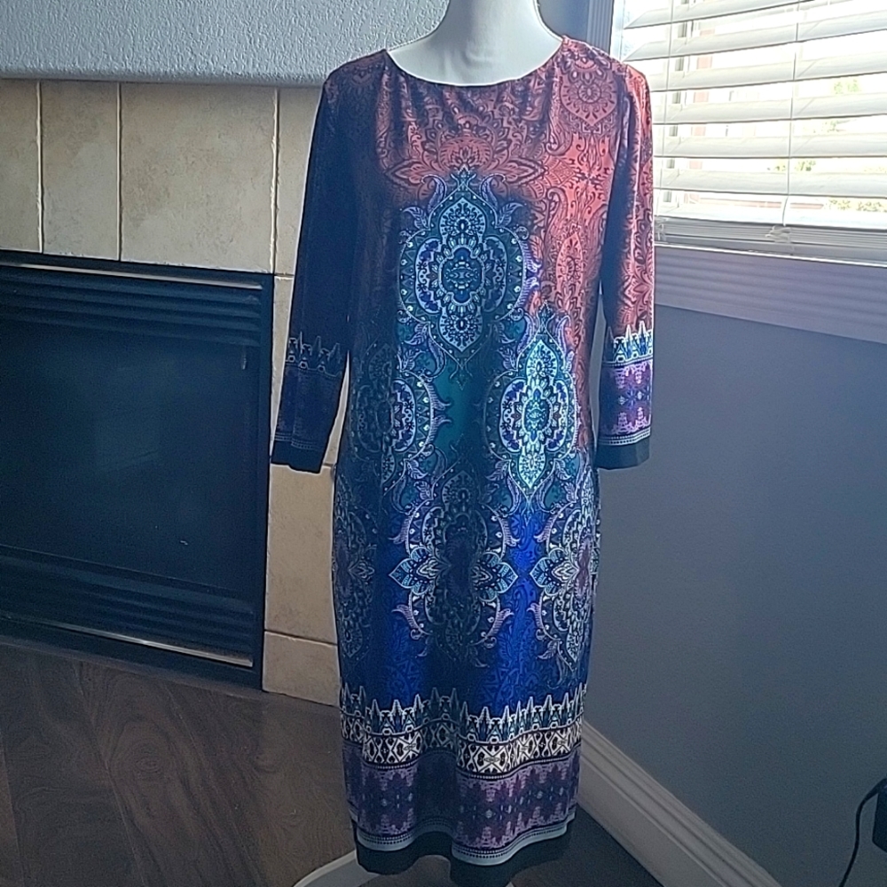 Maggy London size 14, burnt orange, blue, purple patterned shift dress